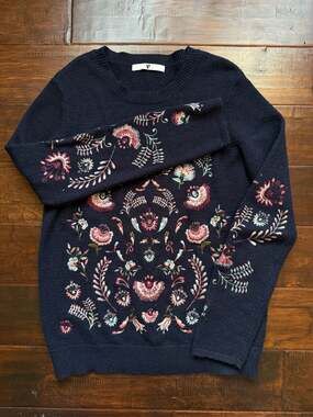 V by Very Navy Blue Floral Embroidered Long Sleeve Crew Neck Jumper Sweater
